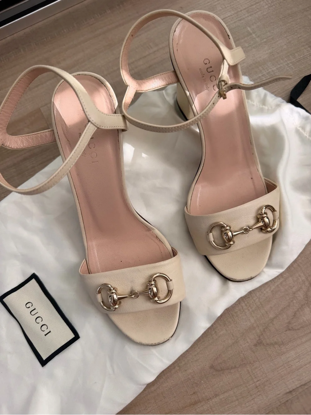Gucci Cream Leather Horsebit Ankle-Strap Heels